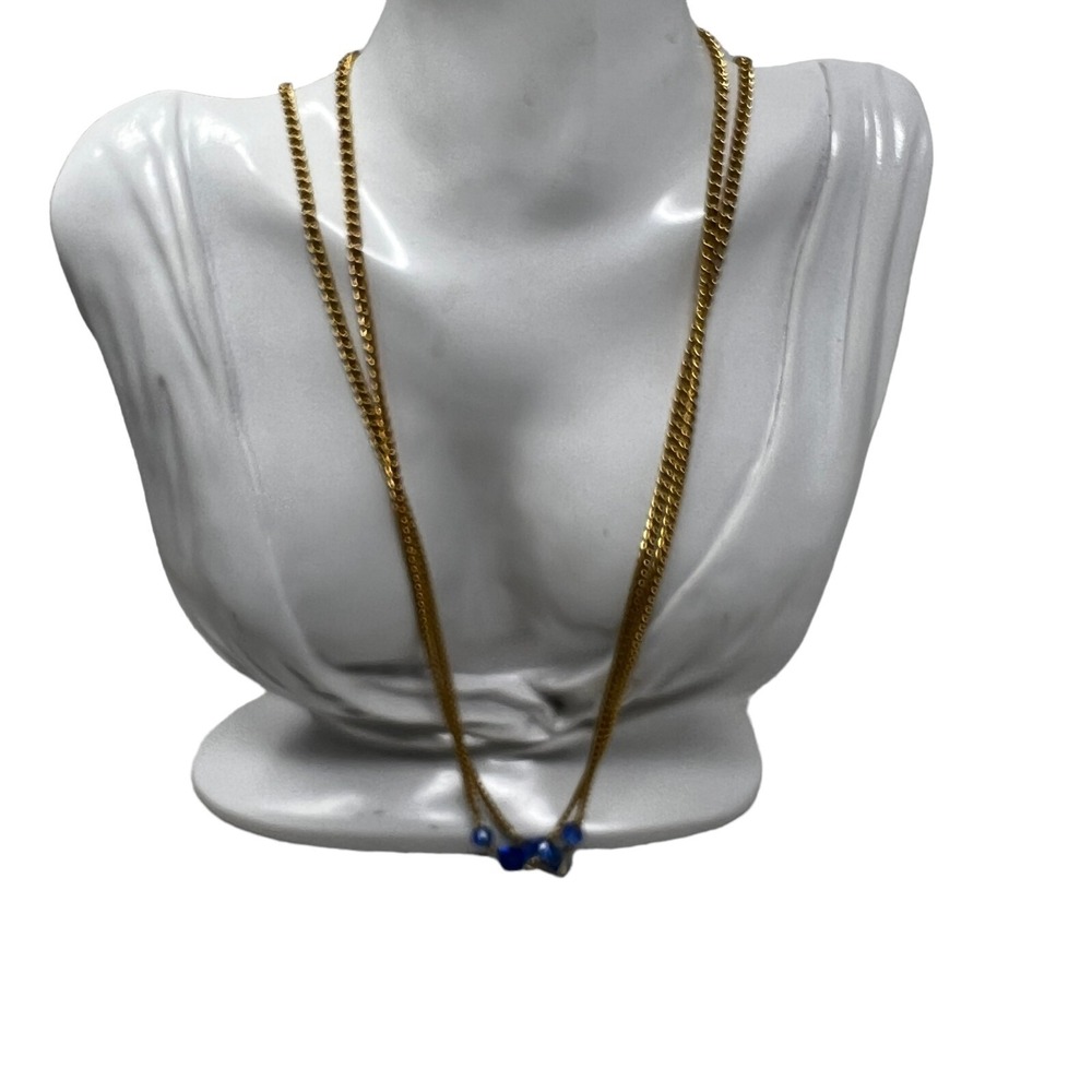 Long Gold Tone Chain with Blue‎ Faceted Stone Stations 54 inches
